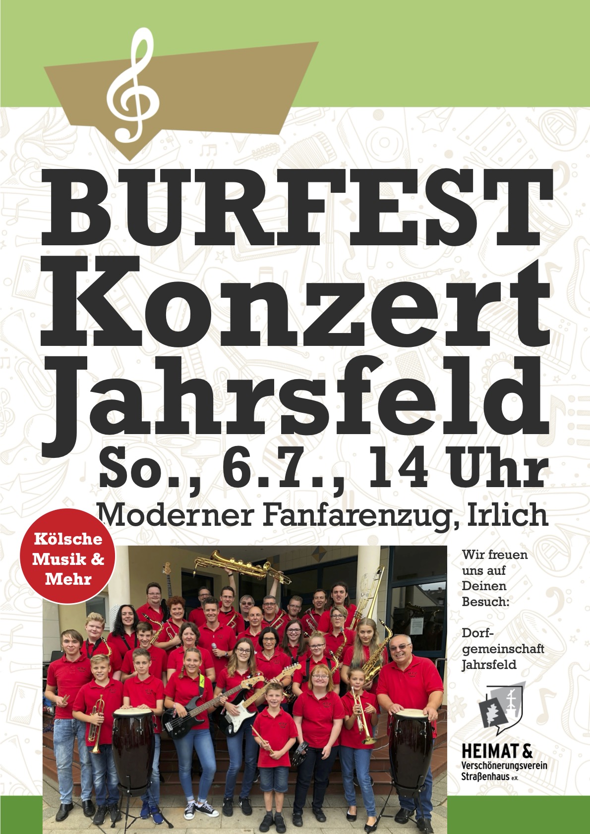 Plakat zum Burfestkonzert Straßenhaus mit Gruppenfoto des Modernen Fanfarenzugs Irlich